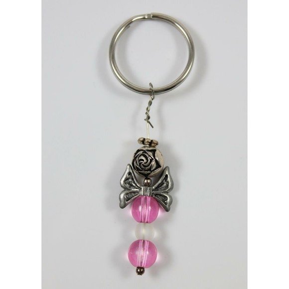 Key Ring Purse Charm Silver-Tone Pink Beads Rosebud Butterfly/Bow Angel Handmade - Picture 1 of 2
